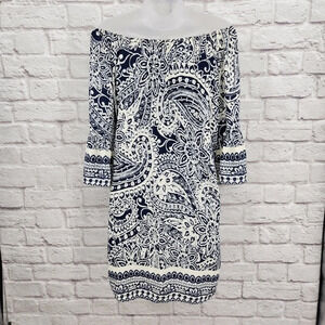 UMGEE Navy Blue Cream 3/4 Bell Sleeve Off Shoulder Mini Dress Size Small